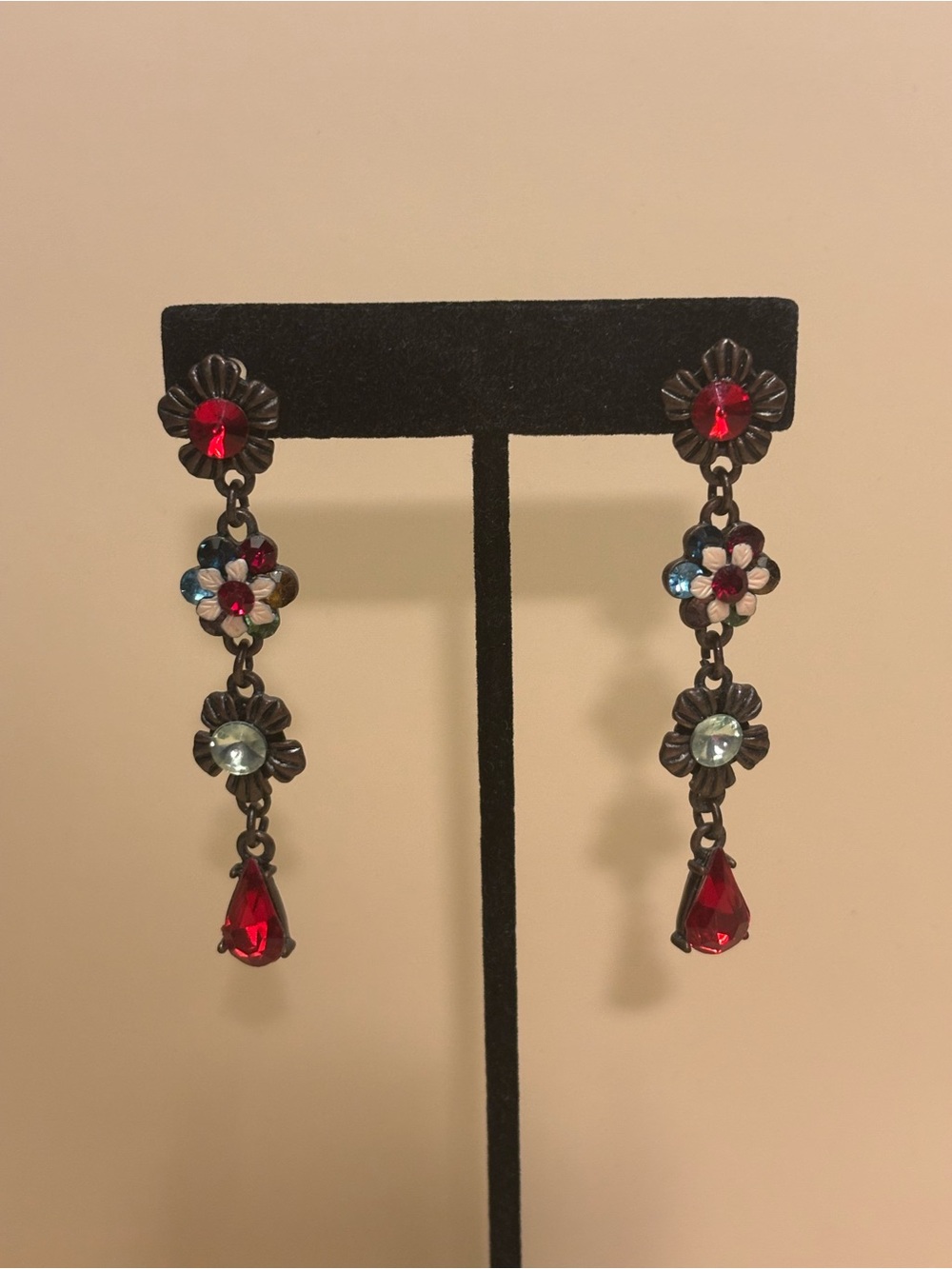 Floral Drop Earrings with Red Teardrop Crystals 2.5”